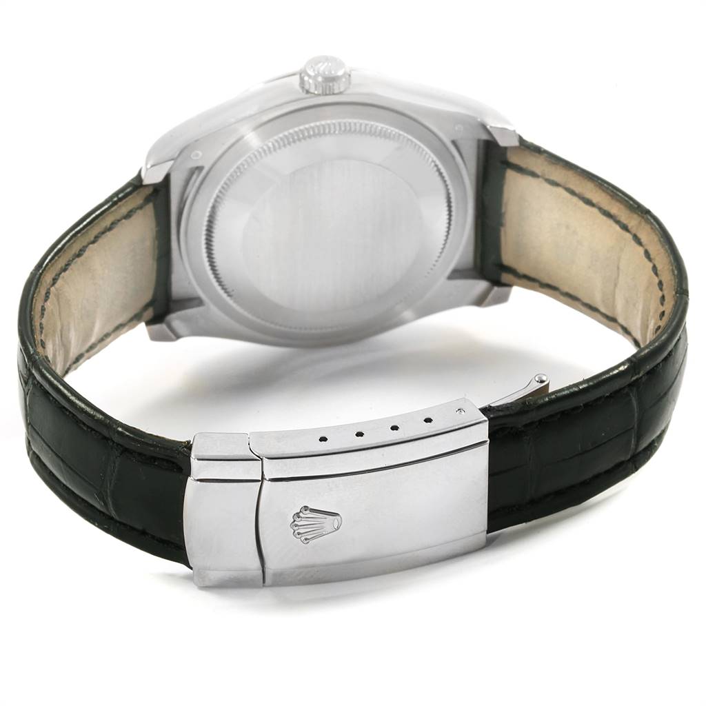 The image shows the back view of a Rolex Datejust 116139 Men's White Gold Blue Dial 116139 Men's White Gold Blue Dial watch, highlighting the case back and clasp on the leather strap.