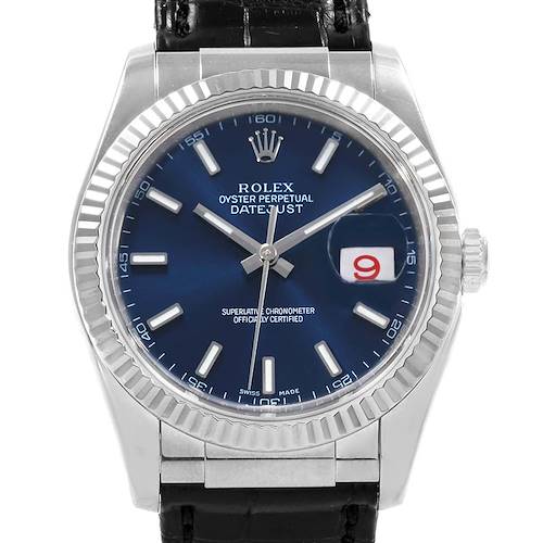 Photo of Rolex Datejust 36 White Gold Blue Dial Black Strap Mens Watch 116139