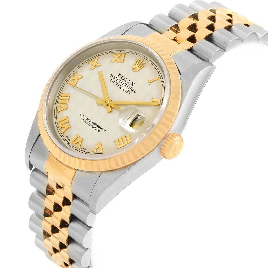 The Rolex Datejust 16233 Men
s Stainless Steel Beige Dial 16233 Men
s Stainless Steel Beige Dial watch is shown from an angled top view, highlighting its bezel, crown, dial, and two-tone bracelet.
