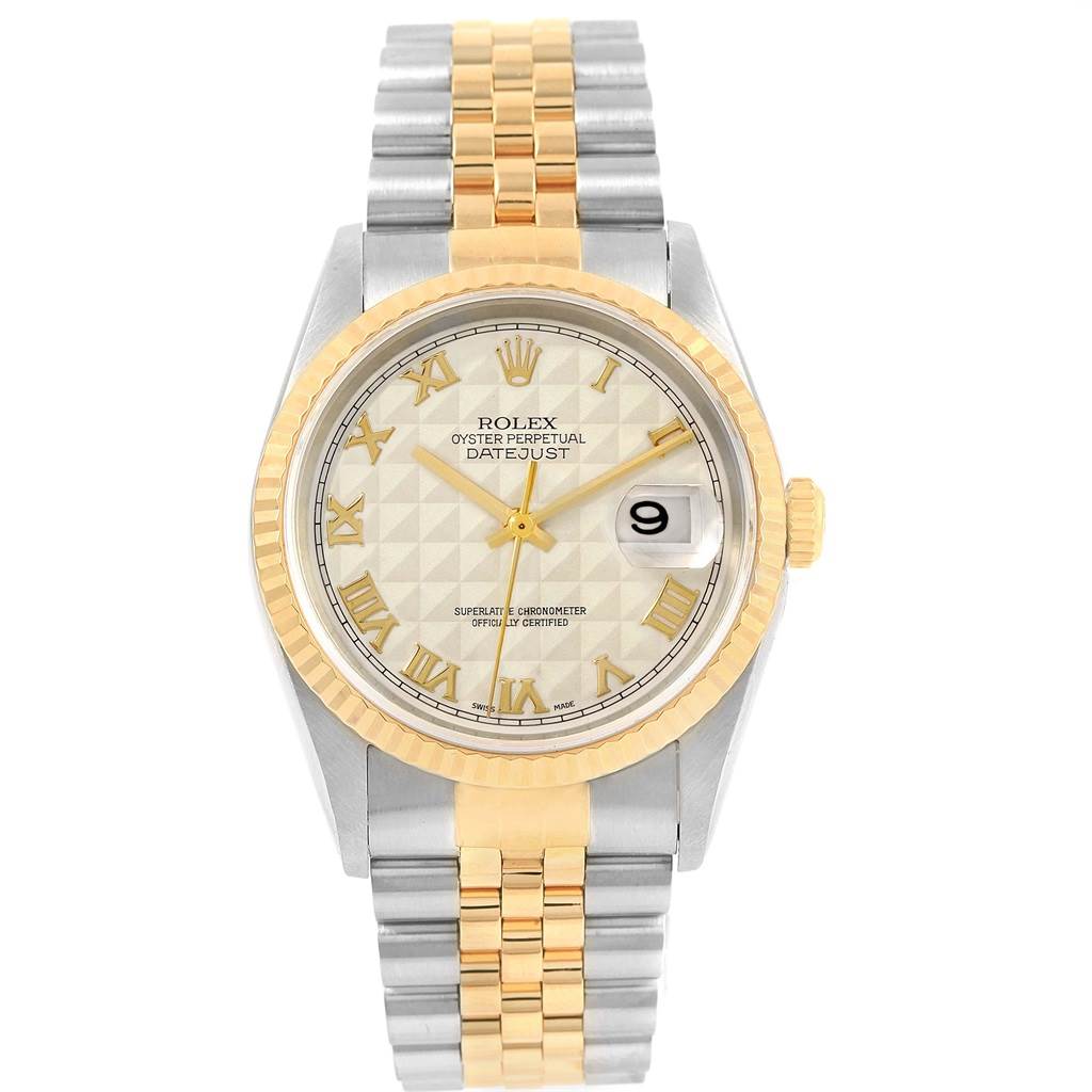 This Rolex Datejust 16233 Men
s Stainless Steel Beige Dial 16233 Men
s Stainless Steel Beige Dial watch is shown from a front angle, displaying the face, bezel, dial, hands, and bracelet.
