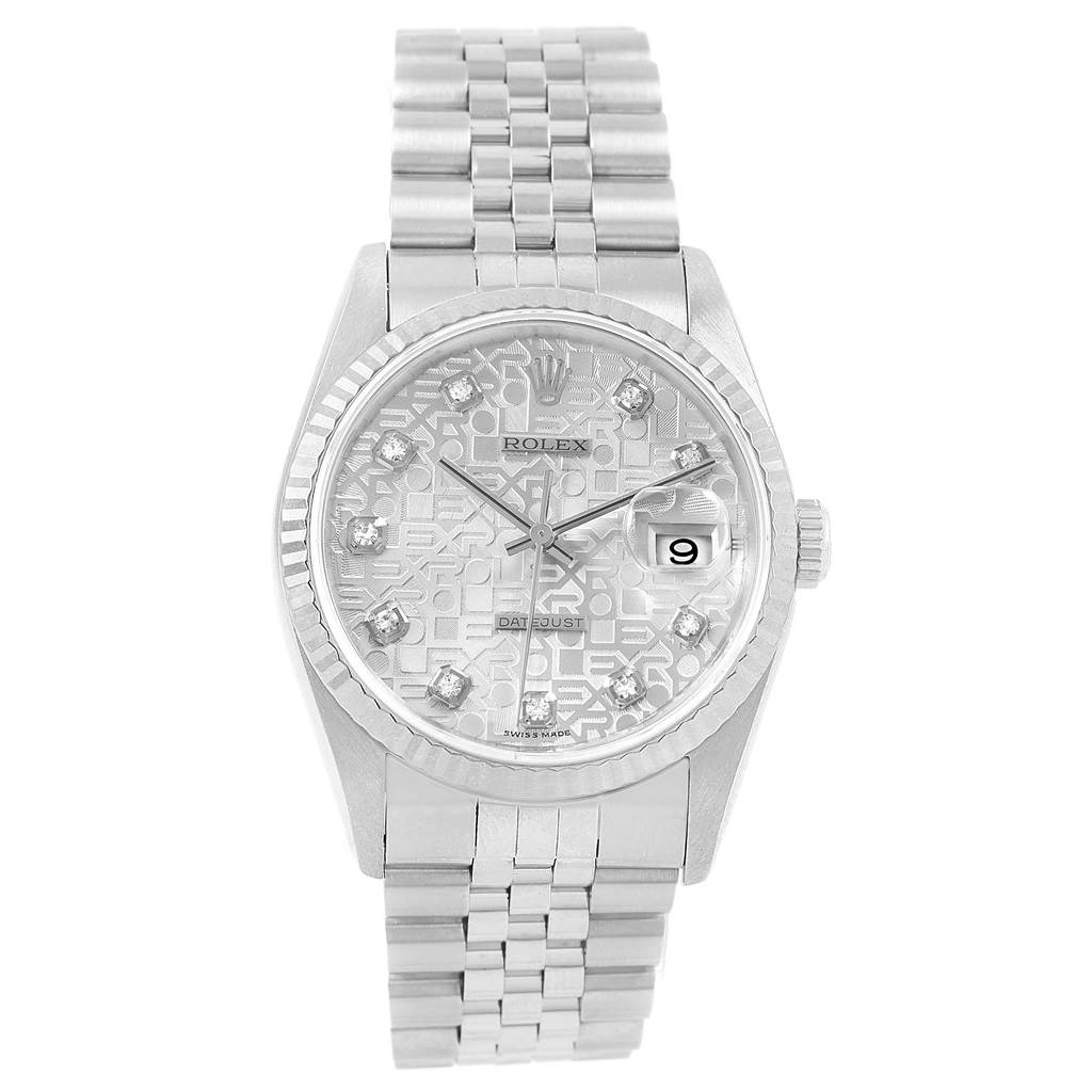This image shows a front view of a Rolex Datejust 16234 Men
s Stainless Steel Silver Dial 16234 Men
s Stainless Steel Silver Dial watch, displaying the face, crown, and bracelet.