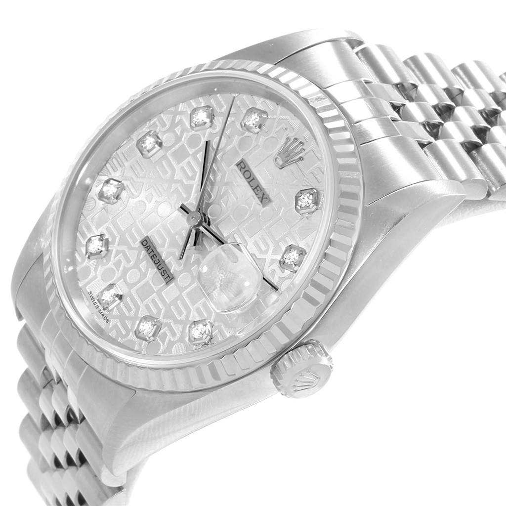 The image shows a close-up, angled view of a Rolex Datejust 16234 Men
s Stainless Steel Silver Dial 16234 Men
s Stainless Steel Silver Dial watch, highlighting the face, bezel, crown, and part of the bracelet.