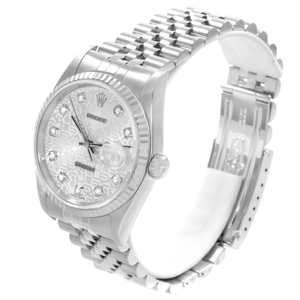 The image shows a Rolex Datejust 16234 Men
s Stainless Steel Silver Dial 16234 Men
s Stainless Steel Silver Dial watch at an angled view, highlighting its face, bezel, crown, and bracelet.