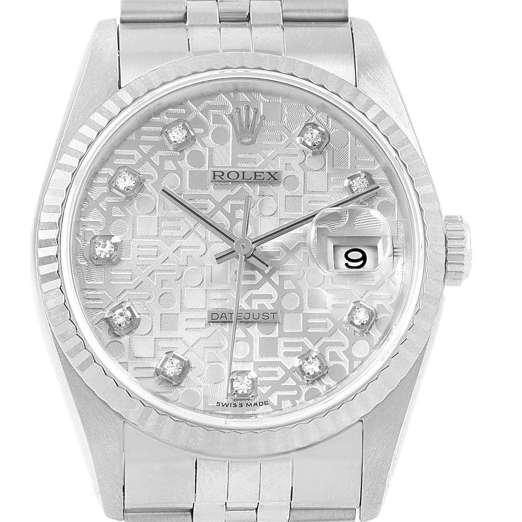 The Rolex Datejust 16234 Men
s Stainless Steel Silver Dial 16234 Men
s Stainless Steel Silver Dial watch is shown from a front angle, displaying its face, bezel, bracelet, and date window.