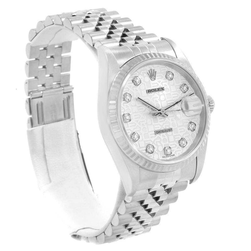 The Rolex Datejust 16234 Men
s Stainless Steel Silver Dial 16234 Men
s Stainless Steel Silver Dial watch is shown at a three-quarter angle, displaying the dial, bezel, crown, and bracelet.