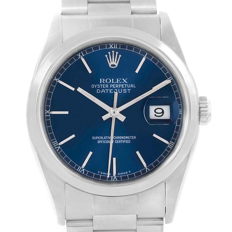 Rolex Datejust 36 Blue Dial Oyster Bracelet Steel Mens Watch 16200 SwissWatchExpo