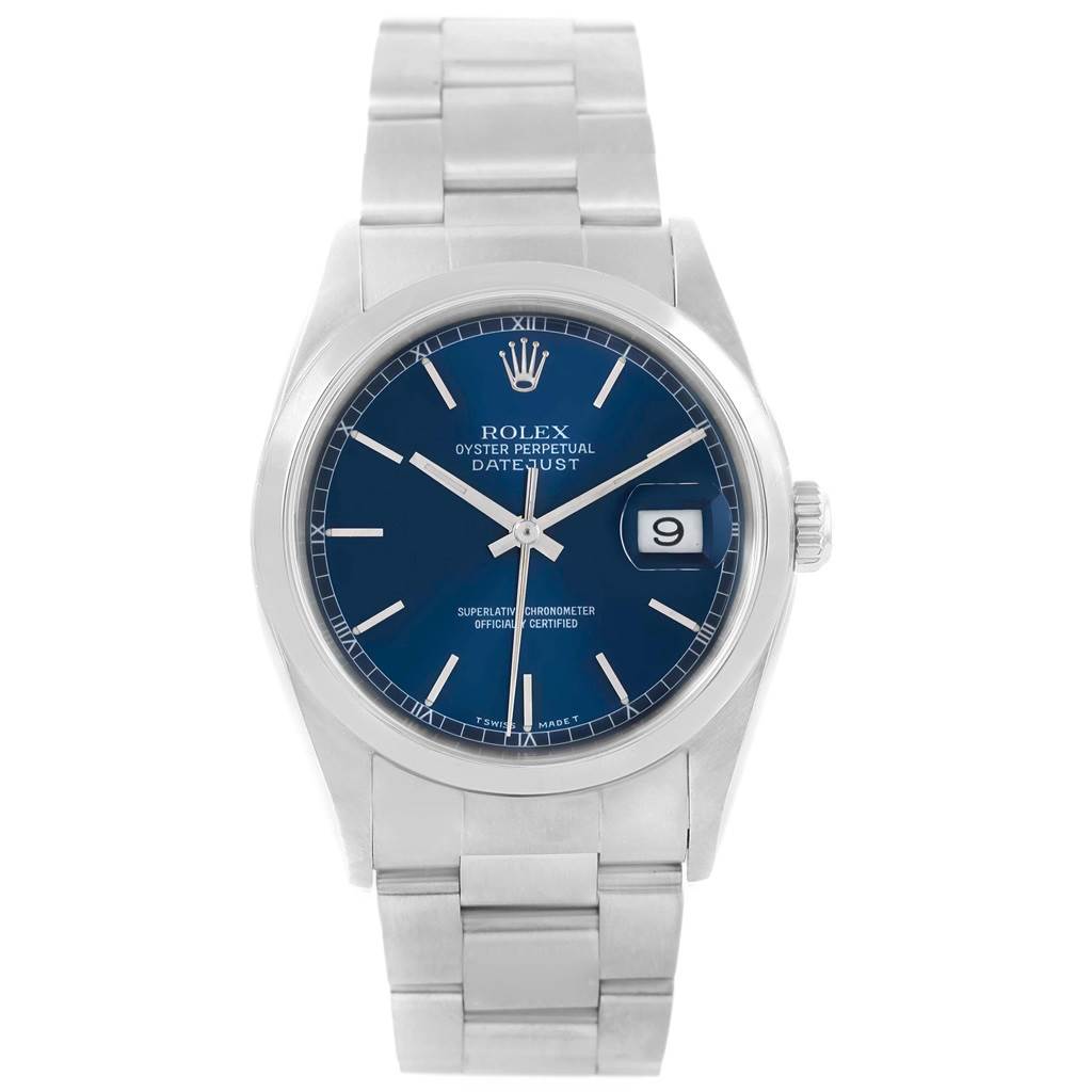 The image shows a frontal view of a Rolex Datejust 16200 Men's Stainless Steel Blue Dial 16200 Men's Stainless Steel Blue Dial watch featuring its bracelet, bezel, dial, hands, and date window.