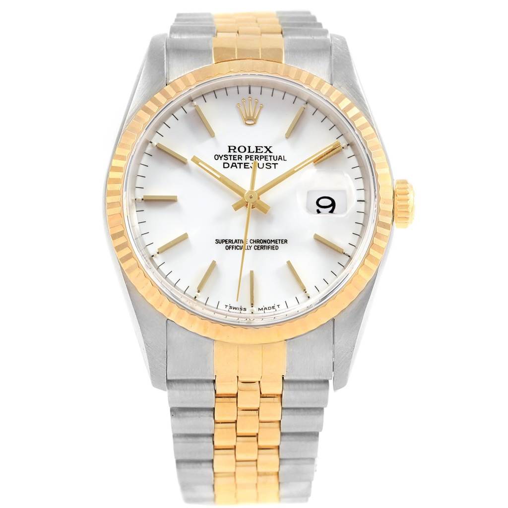 The image shows the front view of a Rolex Datejust 16233 Men
s Steel and Gold (two tone) White Dial 16233 Men
s Steel and Gold (two tone) White Dial watch, displaying its dial, hands, date window, and two-tone bracelet.