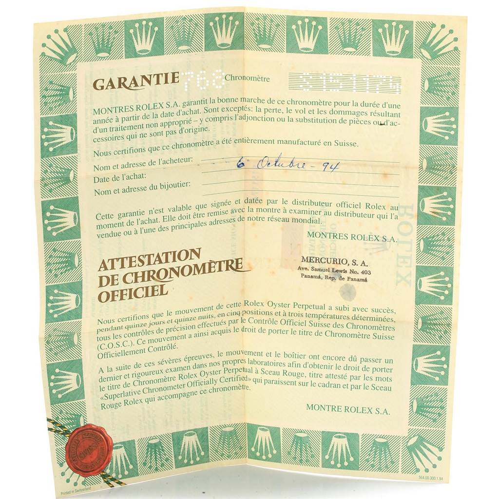 The image shows a warranty certificate for a Rolex Datejust 16233 Men
s Steel and Gold (two tone) White Dial 16233 Men
s Steel and Gold (two tone) White Dial watch, including purchase details and an official chronometer attestation.