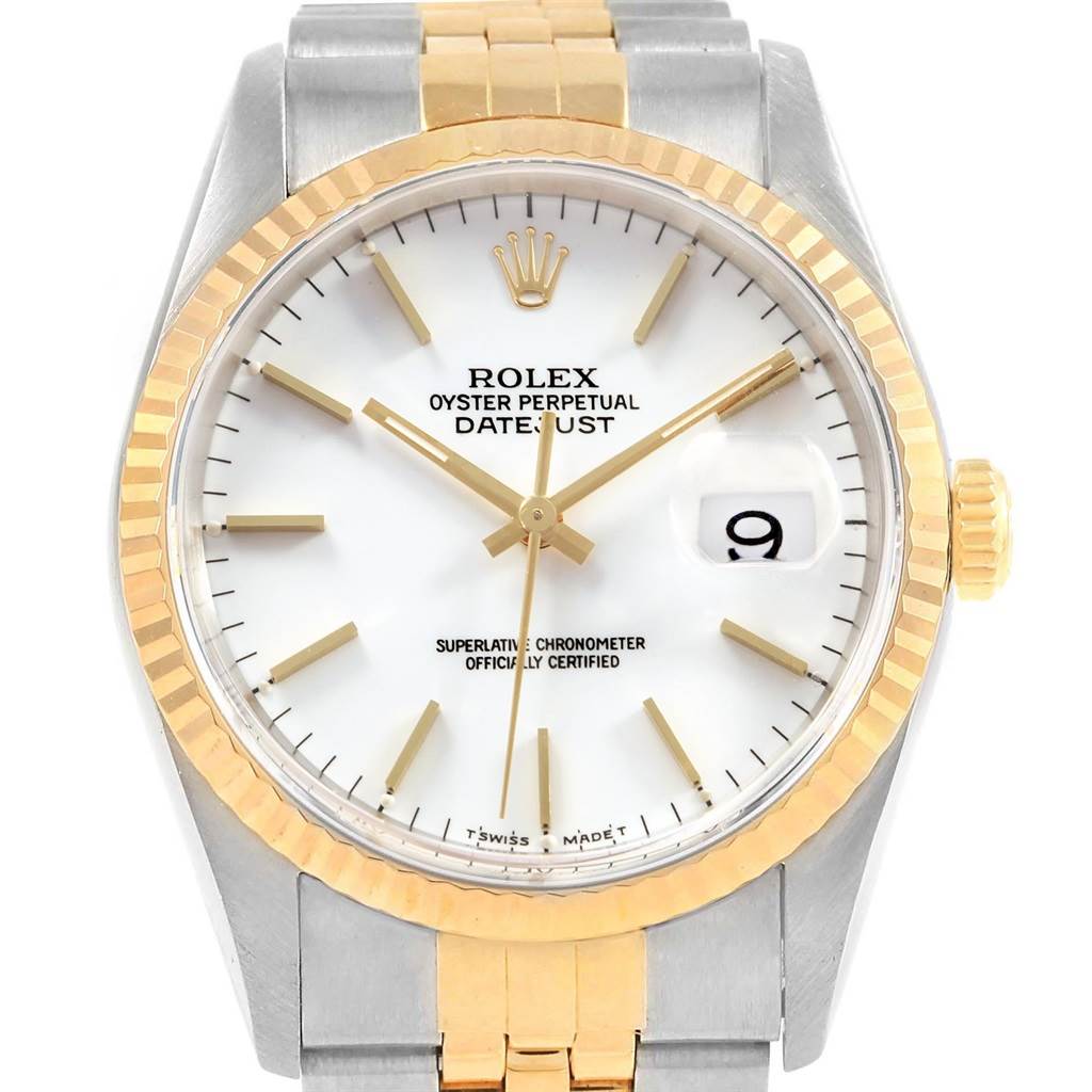 This image shows a front view of a Rolex Datejust 16233 Men
s Steel and Gold (two tone) White Dial 16233 Men
s Steel and Gold (two tone) White Dial watch, highlighting the dial, bezel, bracelet, and crown.