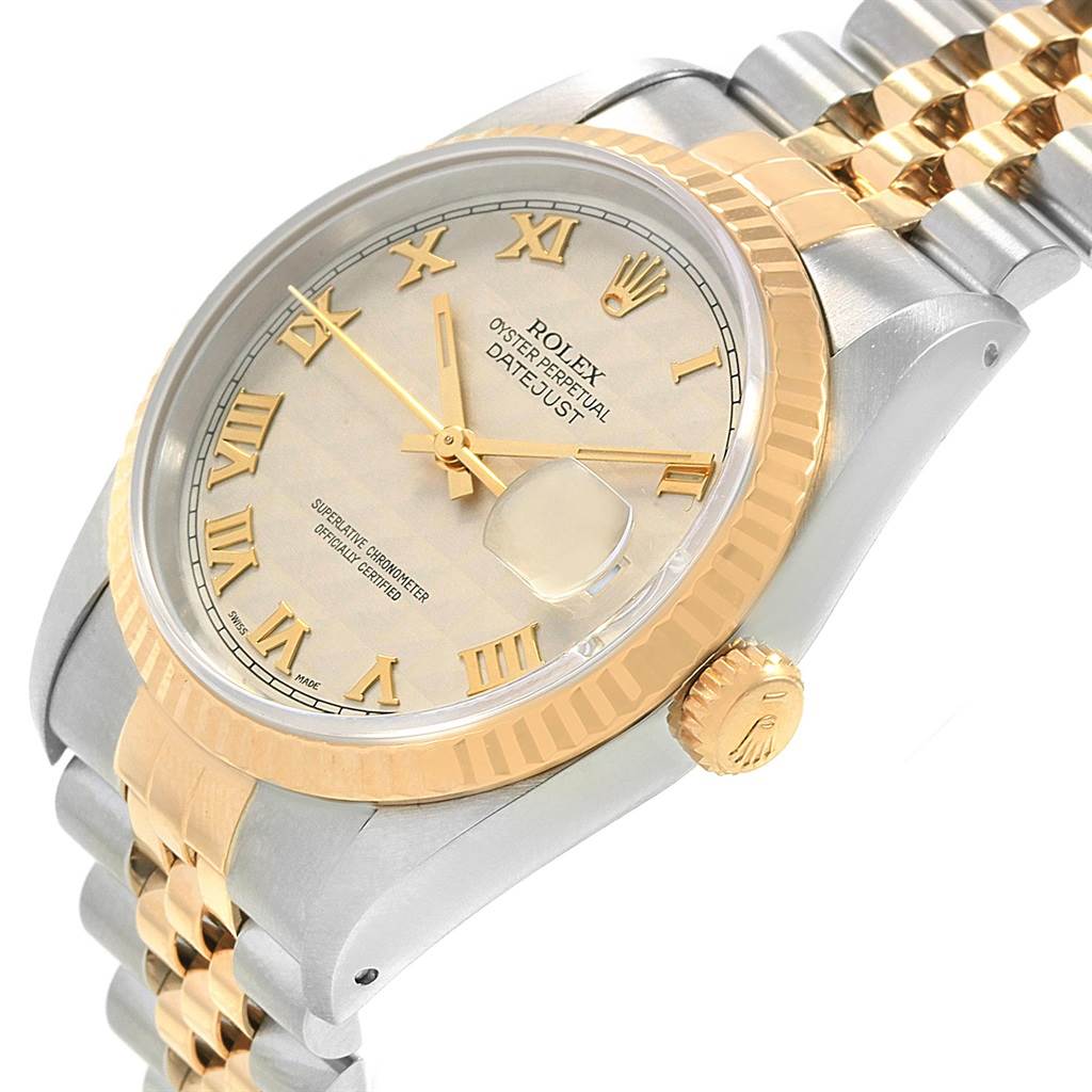 The image shows the Rolex Datejust 16233 Men's Stainless Steel Beige Dial 16233 Men's Stainless Steel Beige Dial watch at an angled view, highlighting its face, bezel, crown, and bracelet.