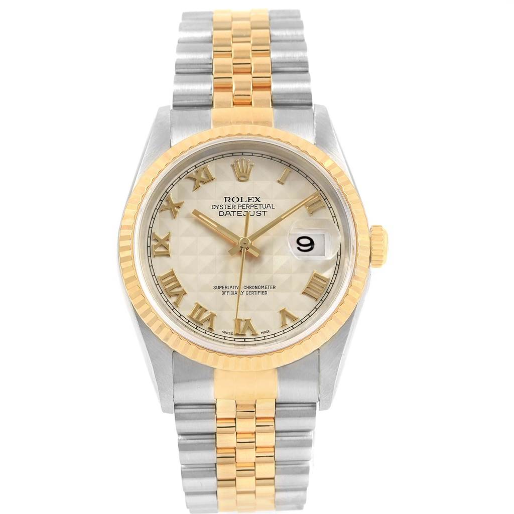 The image shows a Rolex Datejust 16233 Men's Stainless Steel Beige Dial 16233 Men's Stainless Steel Beige Dial watch viewed from the front, displaying the face, bezel, and part of the bracelet.