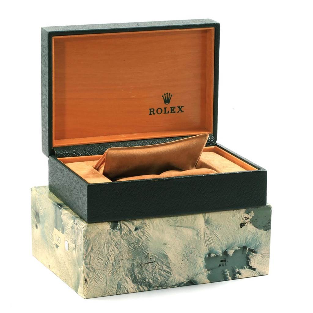 The image shows an open Rolex Datejust 16233 Men's Stainless Steel Beige Dial 16233 Men's Stainless Steel Beige Dial watch box with an inner cushion and the brand logo inside the lid.