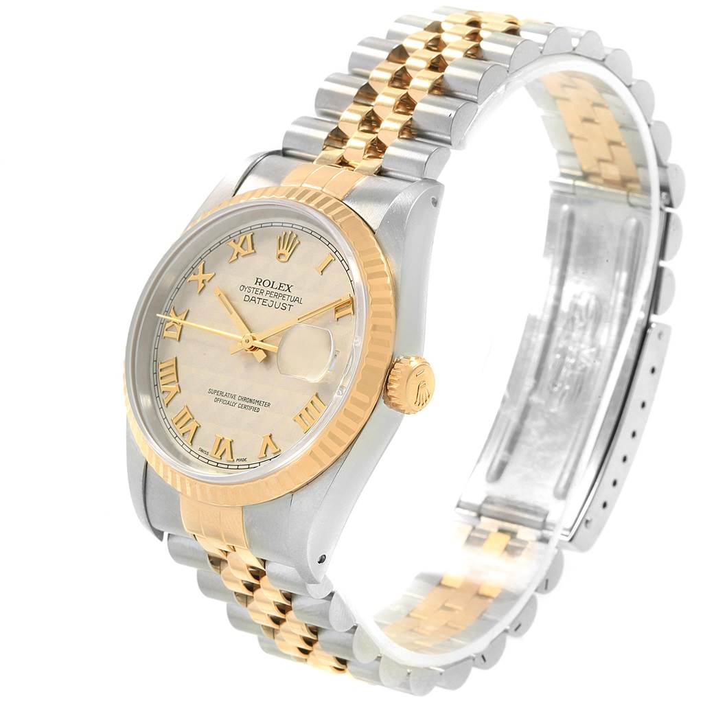 The image shows a Rolex Datejust 16233 Men's Stainless Steel Beige Dial 16233 Men's Stainless Steel Beige Dial watch at an angle, highlighting the face, bezel, crown, and two-tone Jubilee bracelet.