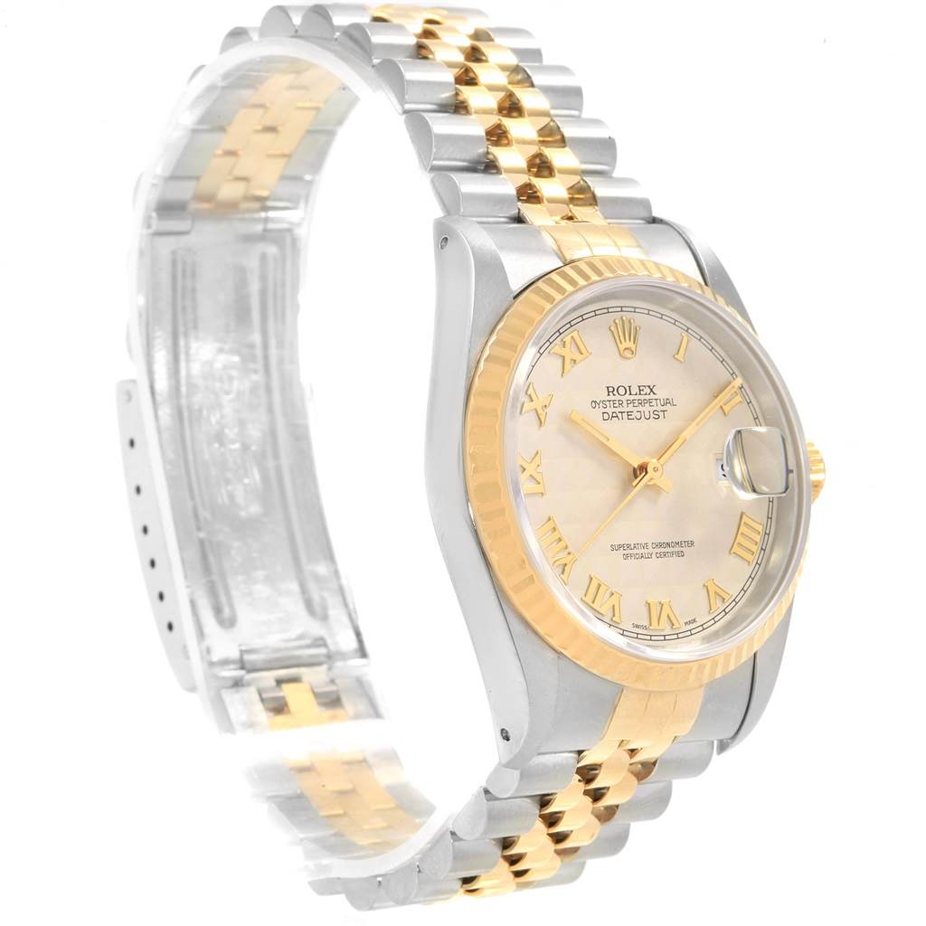 The image shows a side-angle view of a Rolex Datejust 16233 Men's Stainless Steel Beige Dial 16233 Men's Stainless Steel Beige Dial watch, highlighting the dial, bezel, and two-tone bracelet.