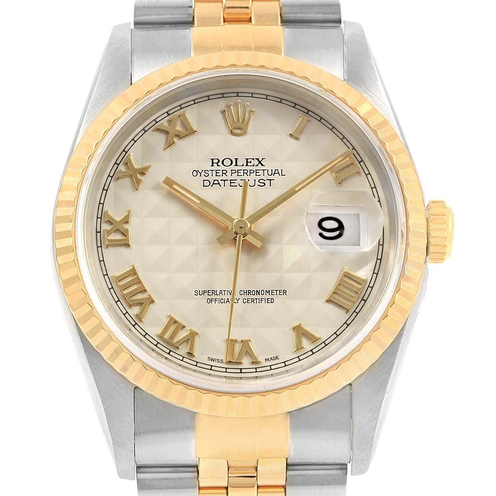 This image shows a front view of the Rolex Datejust 16233 Men's Stainless Steel Beige Dial 16233 Men's Stainless Steel Beige Dial watch, highlighting the dial, bezel, and part of the bracelet.