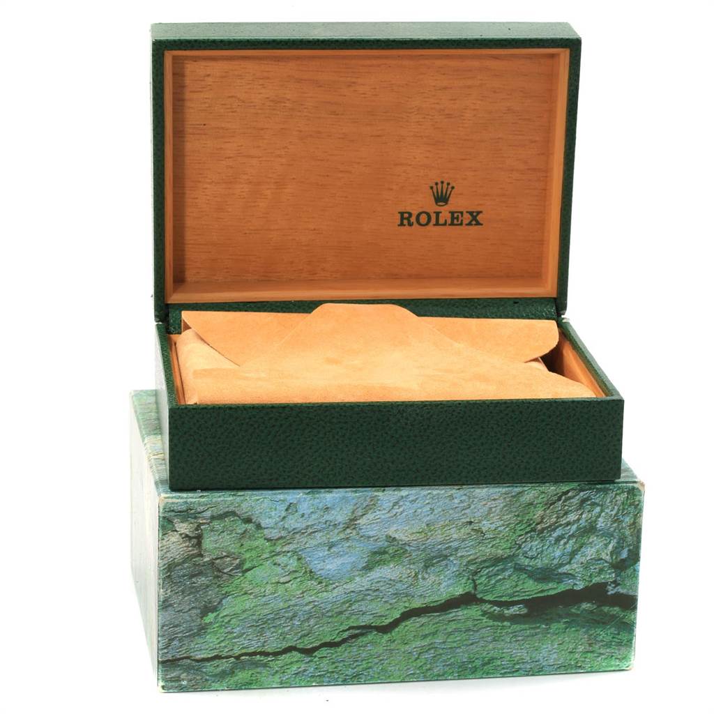 The image shows a Rolex Datejust 16220 Men's Stainless Steel Pink Dial 16220 Men's Stainless Steel Pink Dial model watch box and packaging, with the box open, exposing the inner compartment.