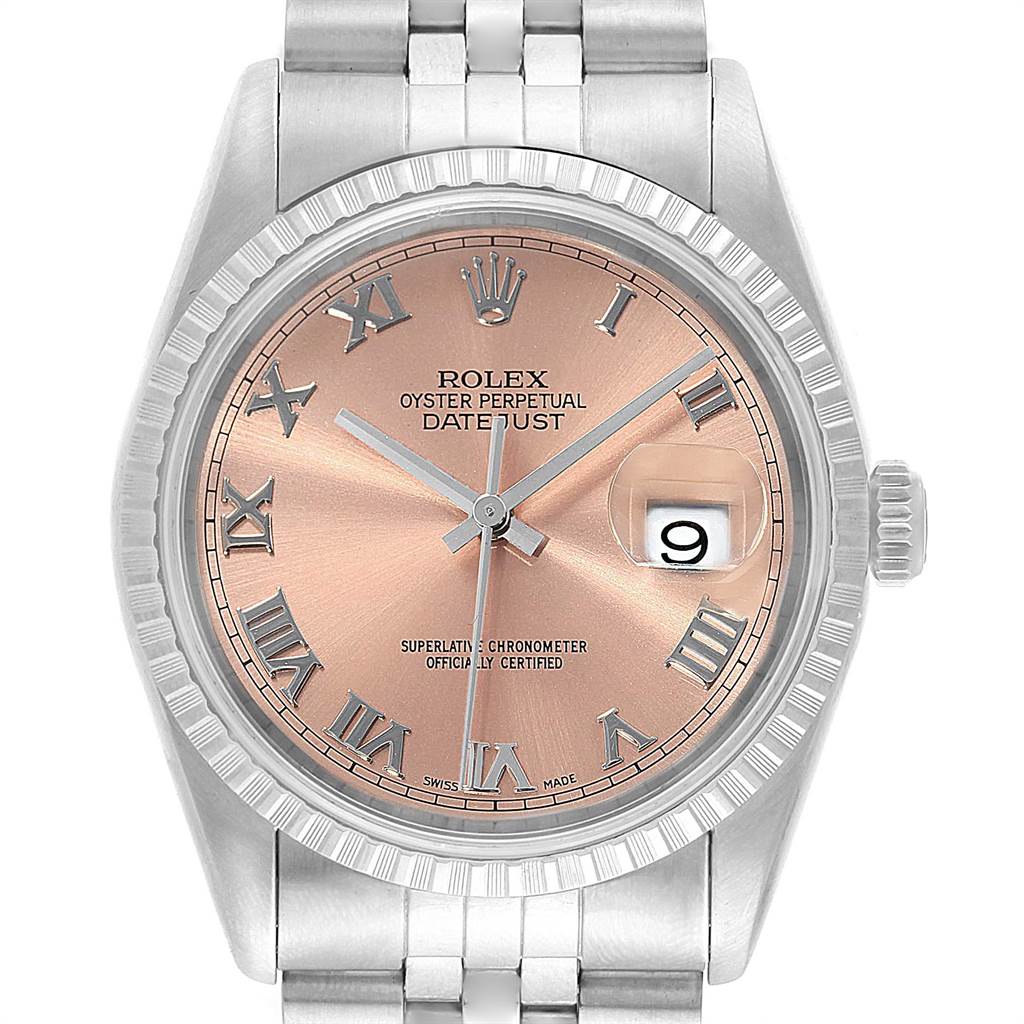 This image shows a front view of a Rolex Datejust 16220 Men's Stainless Steel Pink Dial 16220 Men's Stainless Steel Pink Dial watch, featuring a pink dial with Roman numerals and date window.