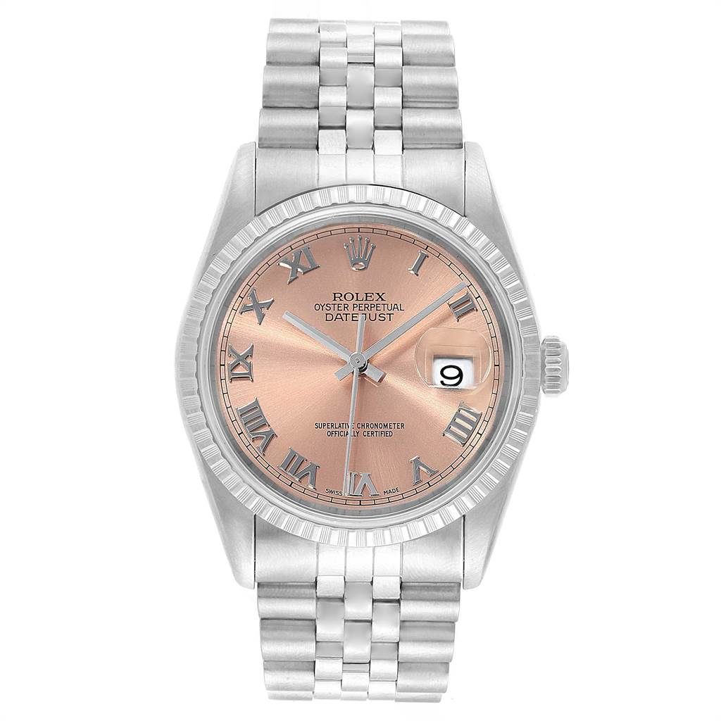 This image shows a front view of a Rolex Datejust 16220 Men's Stainless Steel Pink Dial 16220 Men's Stainless Steel Pink Dial watch, displaying its dial, bezel, and bracelet.