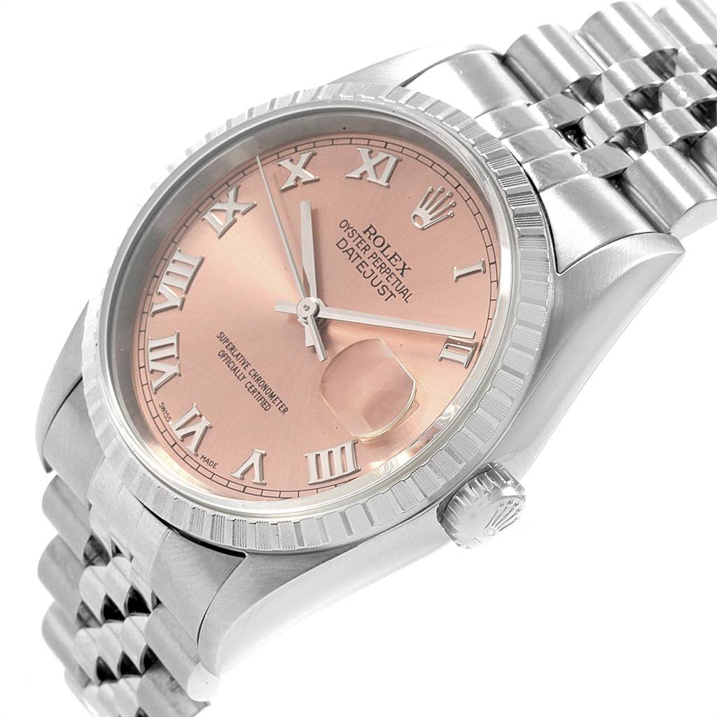 This image shows a close-up angled view of the Rolex Datejust 16220 Men's Stainless Steel Pink Dial 16220 Men's Stainless Steel Pink Dial watch, highlighting the dial, bezel, crown, and part of the bracelet.