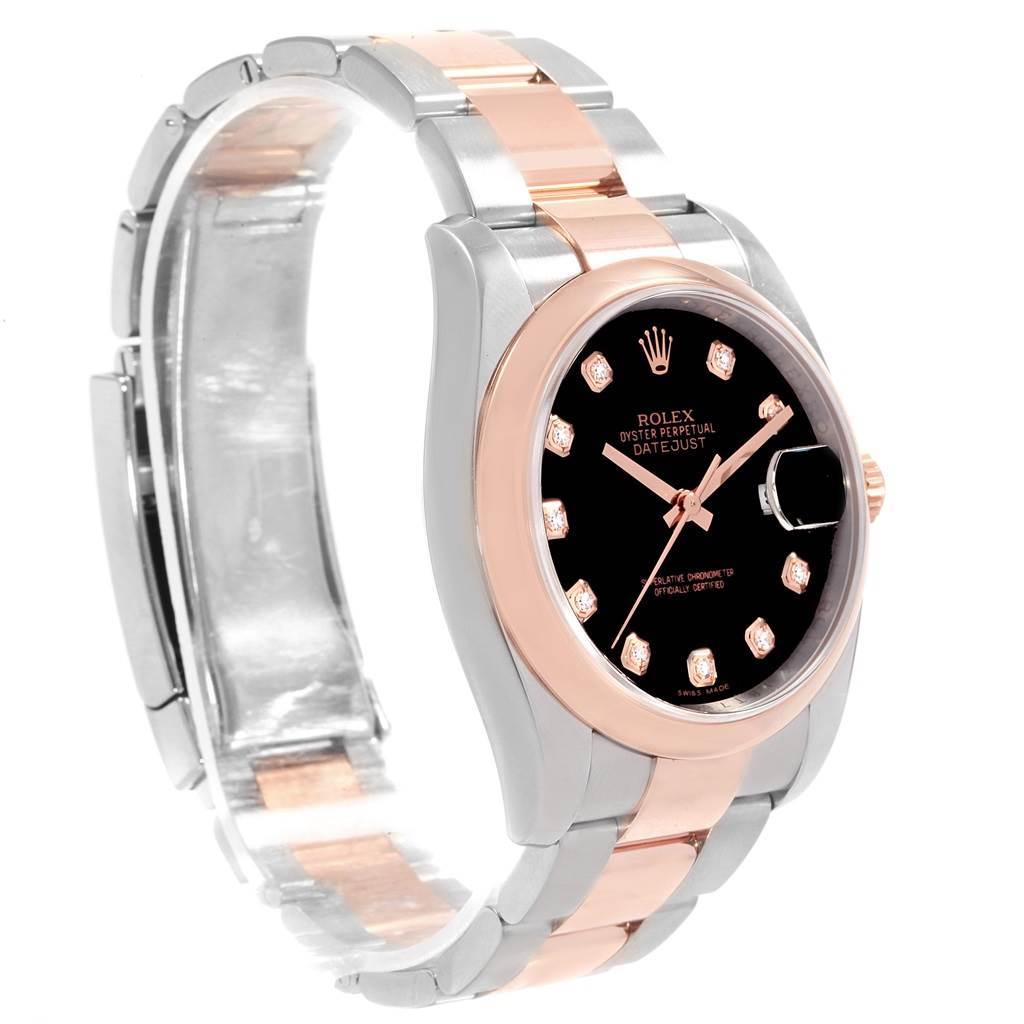 The image shows a Rolex Datejust 116201 Men's Steel and Gold (two tone) Black Dial 116201 Men's Steel and Gold (two tone) Black Dial watch at an angle displaying the dial, bezel, and part of the bracelet.