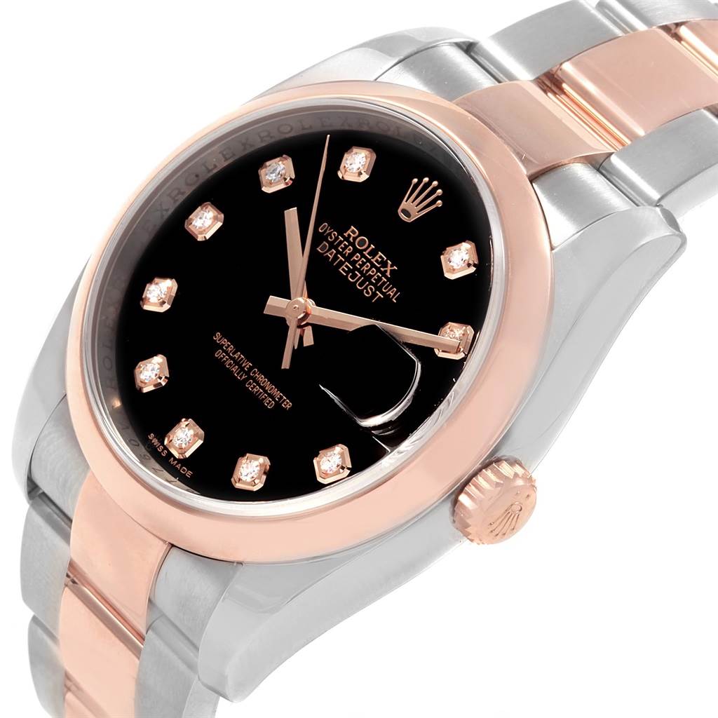 The image shows a close-up angle of a Rolex Datejust 116201 Men's Steel and Gold (two tone) Black Dial 116201 Men's Steel and Gold (two tone) Black Dial watch, featuring its black dial, diamond markers, and bi-tone bracelet.