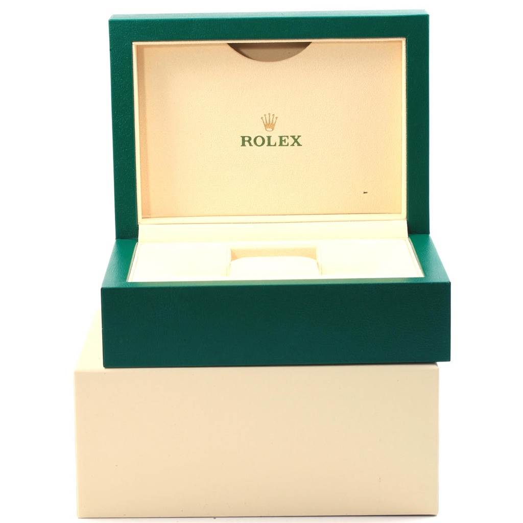 The image shows an open green and cream-colored Rolex Datejust 116201 Men's Steel and Gold (two tone) Black Dial 116201 Men's Steel and Gold (two tone) Black Dial watch box from a frontal angle.