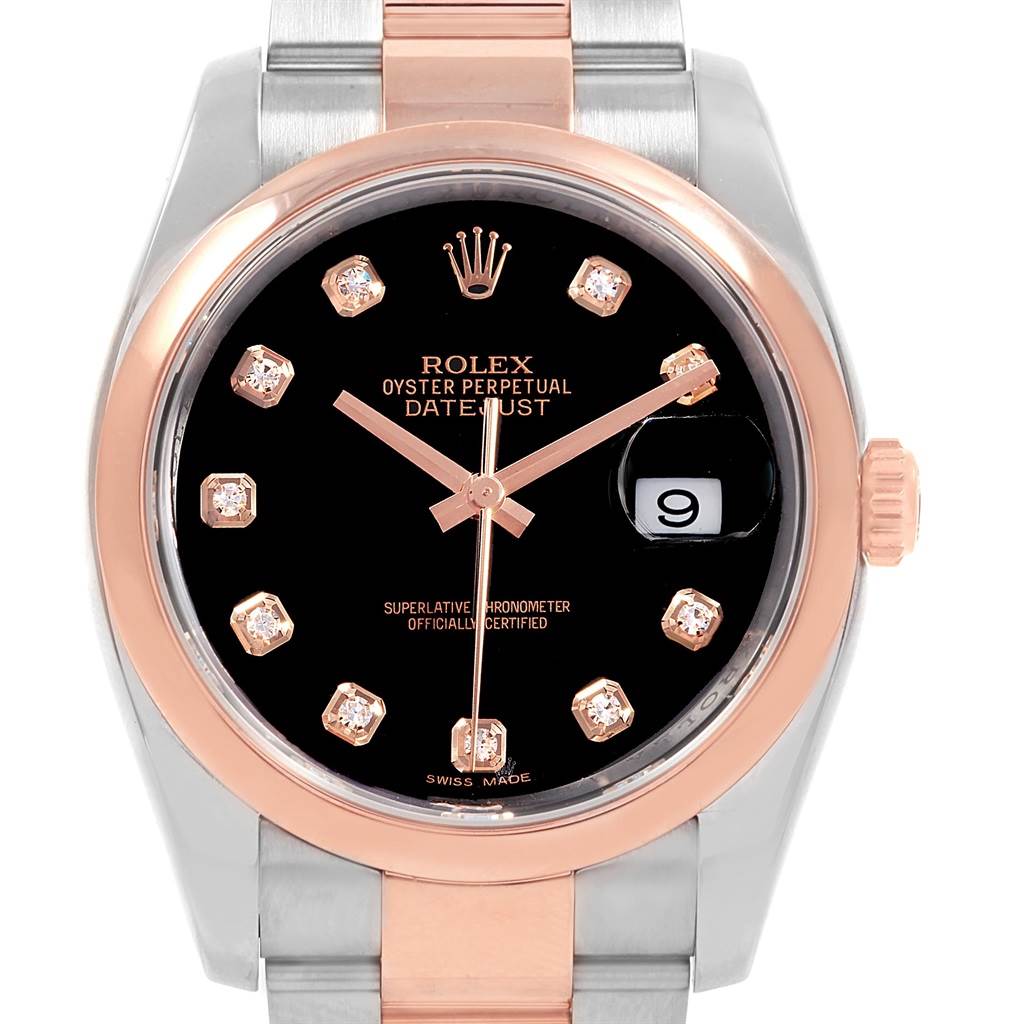 The Rolex Datejust 116201 Men's Steel and Gold (two tone) Black Dial 116201 Men's Steel and Gold (two tone) Black Dial watch is shown from the front, displaying its dial, bezel, and part of the bracelet.