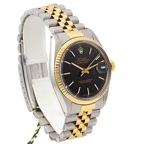 This angle shows the Rolex Datejust 16013 Men
s Stainless Steel Black Dial 16013 Men
s Stainless Steel Black Dial watch in a three-quarter view, highlighting the black dial, gold fluted bezel, and two-tone bracelet.