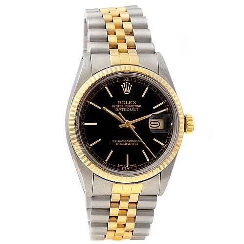 This image shows a front view of the Rolex Datejust 16013 Men
s Stainless Steel Black Dial 16013 Men
s Stainless Steel Black Dial watch, highlighting its black dial, fluted bezel, and two-tone bracelet.