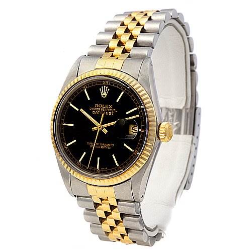 This image shows the front of a Rolex Datejust 16013 Men
s Stainless Steel Black Dial 16013 Men
s Stainless Steel Black Dial watch, highlighting the black dial, gold bezel, and two-tone jubilee bracelet.