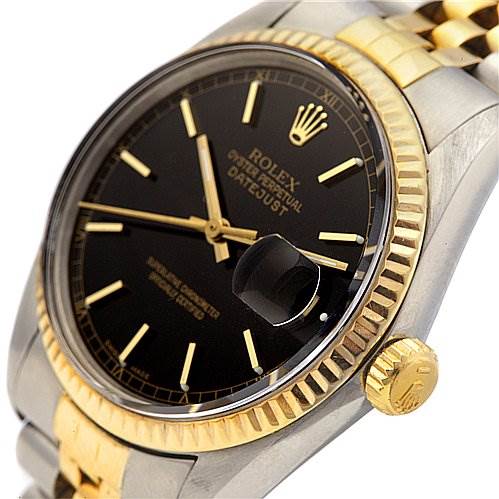The image shows a close-up angle of the Rolex Datejust 16013 Men
s Stainless Steel Black Dial 16013 Men
s Stainless Steel Black Dial watch, highlighting its dial, crown, and part of the bracelet.