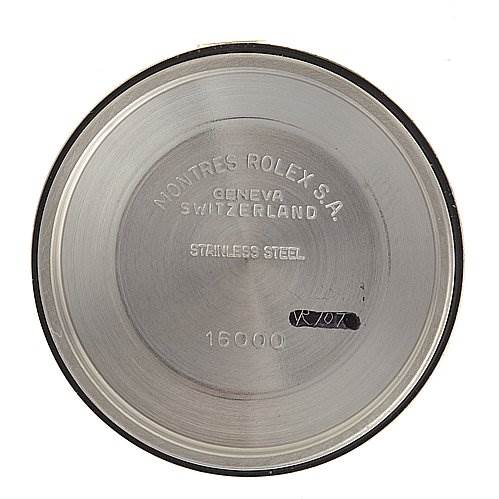 This image shows the interior of the case back of a Rolex Datejust 16013 Men
s Stainless Steel Black Dial 16013 Men
s Stainless Steel Black Dial model, highlighting the model number 16000 and inscriptions.