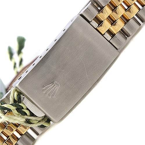 This image shows the clasp and part of the bracelet of a Rolex Datejust 16013 Men
s Stainless Steel Black Dial 16013 Men
s Stainless Steel Black Dial watch.