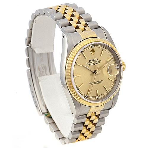 The image shows a Rolex Datejust 16233 Men's Stainless Steel Champagne Dial 16233 Men's Stainless Steel Champagne Dial watch at a three-quarter angle, highlighting the gold dial, bezel, and two-tone bracelet.