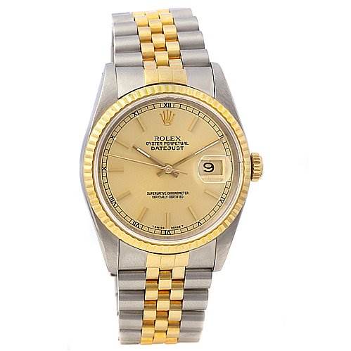 This image shows a front view of a Rolex Datejust 16233 Men's Stainless Steel Champagne Dial 16233 Men's Stainless Steel Champagne Dial watch featuring a two-tone bracelet, gold fluted bezel, and a date display.