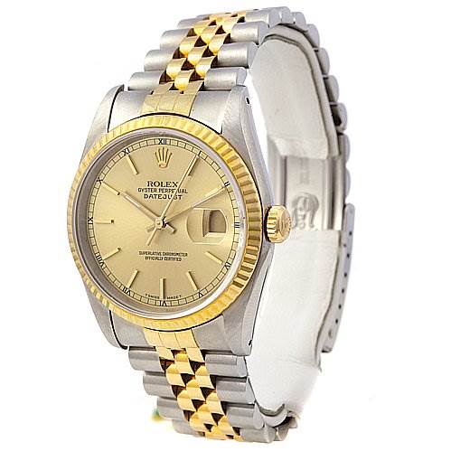 The image shows a Rolex Datejust 16233 Men's Stainless Steel Champagne Dial 16233 Men's Stainless Steel Champagne Dial watch at a three-quarter angle, displaying the dial, bezel, crown, and two-tone bracelet.