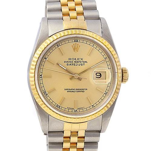 This image shows a frontal view of a Rolex Datejust 16233 Men's Stainless Steel Champagne Dial 16233 Men's Stainless Steel Champagne Dial watch featuring a gold bezel and two-tone bracelet.