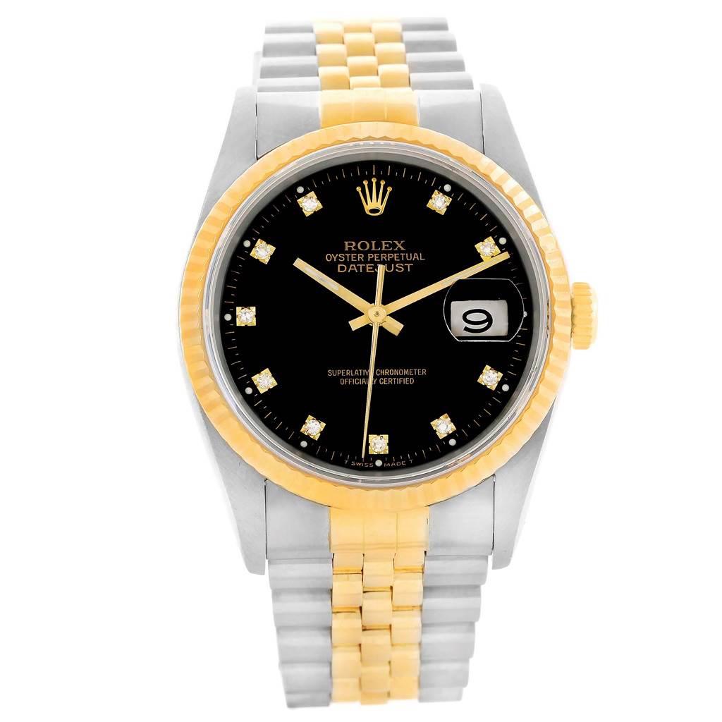 The image shows the front view of a Rolex Datejust 16233 Men's Steel and Gold (two tone) Black Dial 16233 Men's Steel and Gold (two tone) Black Dial watch, displaying the dial, bezel, and bracelet.