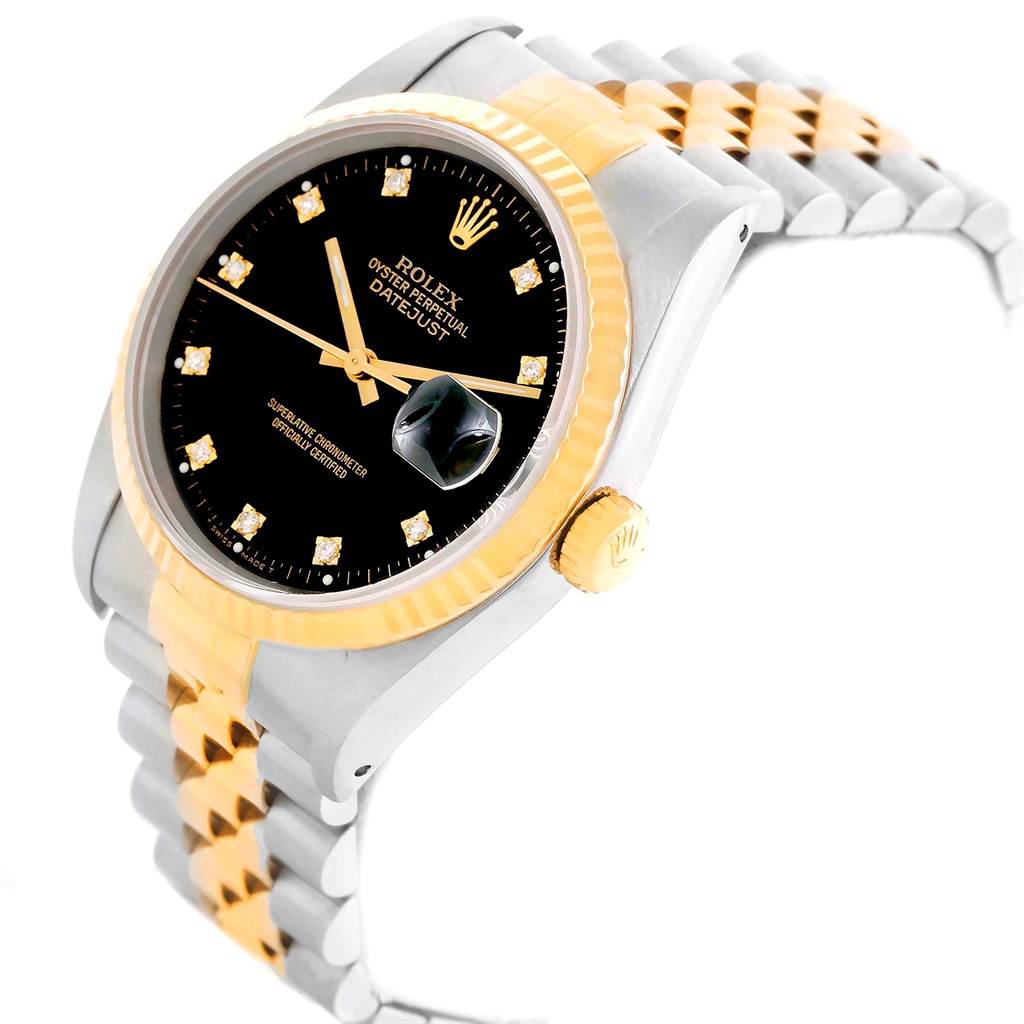 The image shows a Rolex Datejust 16233 Men's Steel and Gold (two tone) Black Dial 16233 Men's Steel and Gold (two tone) Black Dial watch at a tilted angle, showcasing its black dial, gold bezel, crown, and jubilee band.