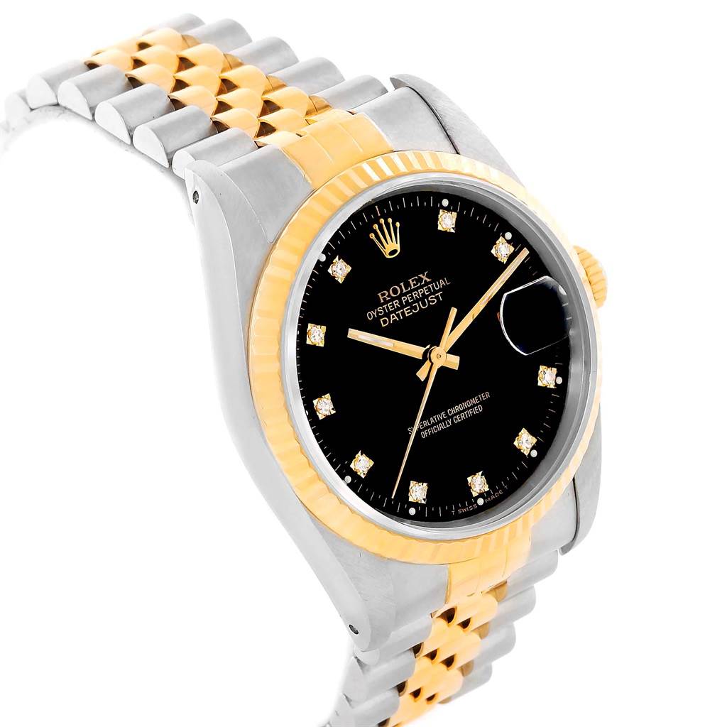 The image shows a Rolex Datejust 16233 Men's Steel and Gold (two tone) Black Dial 16233 Men's Steel and Gold (two tone) Black Dial watch at an angled side view, highlighting its dial, bezel, and jubilee bracelet.