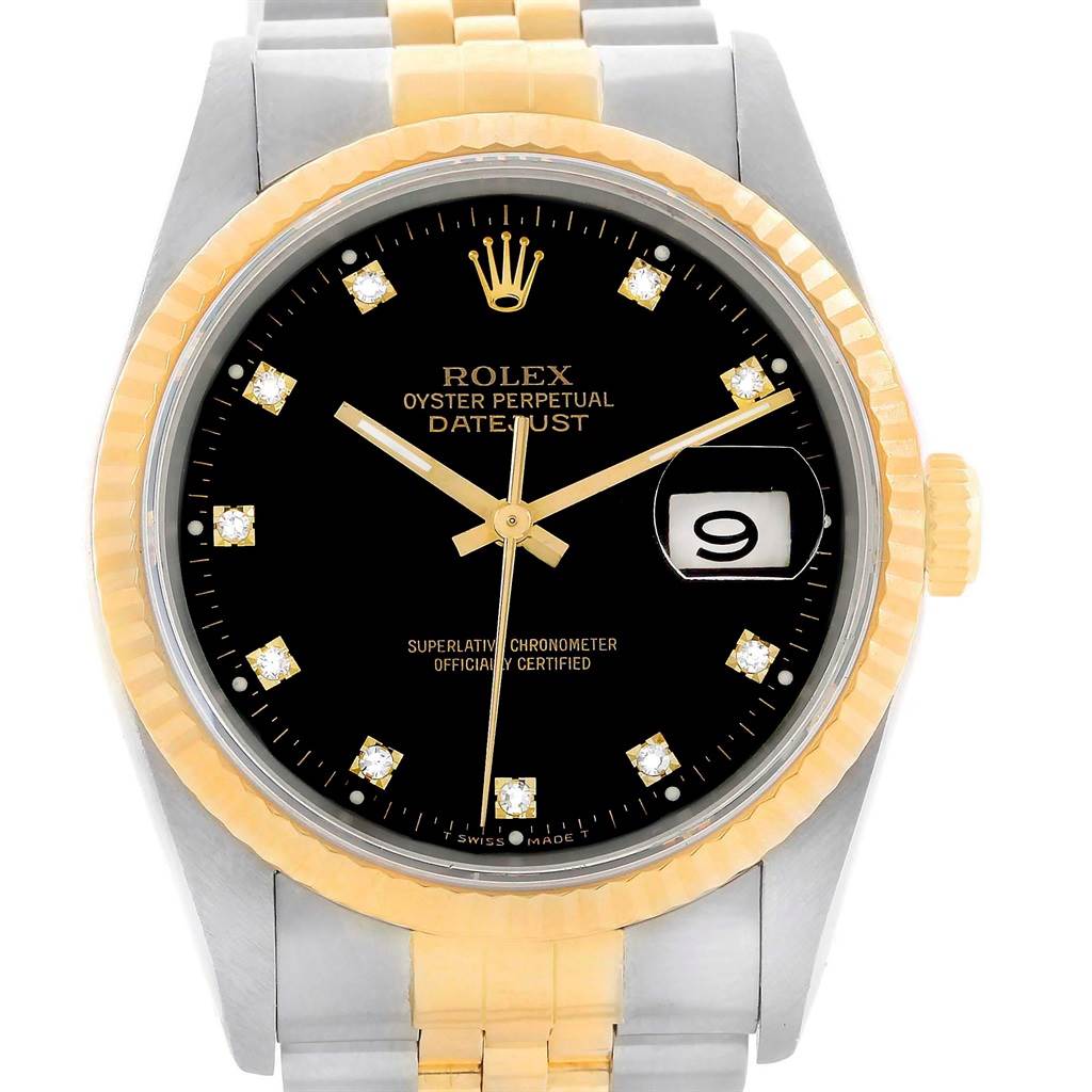 This image shows a front view of the dial and part of the bracelet of the Rolex Datejust 16233 Men's Steel and Gold (two tone) Black Dial 16233 Men's Steel and Gold (two tone) Black Dial watch.