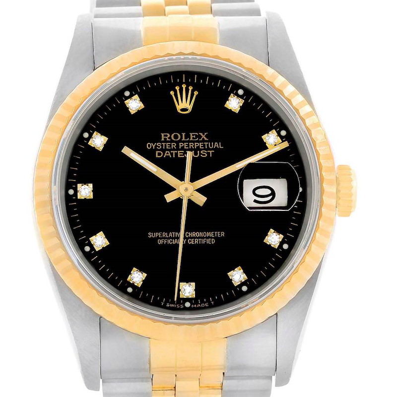Rolex Datejust Steel Yellow Gold Black Diamond Dial Unisex Watch 16233 SwissWatchExpo