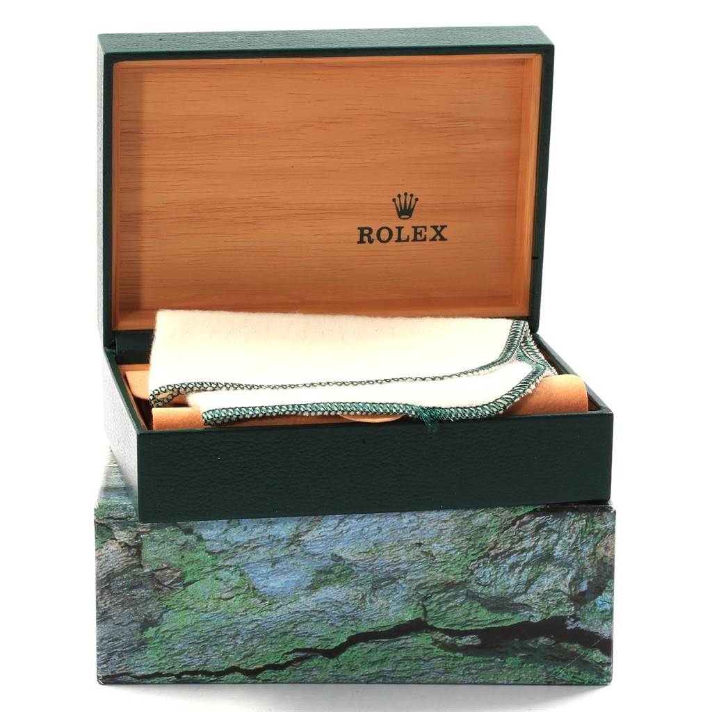 The image shows a Rolex Datejust 16233 Men's Steel and Gold (two tone) Black Dial 16233 Men's Steel and Gold (two tone) Black Dial watch box, partially open with a folded cloth inside.