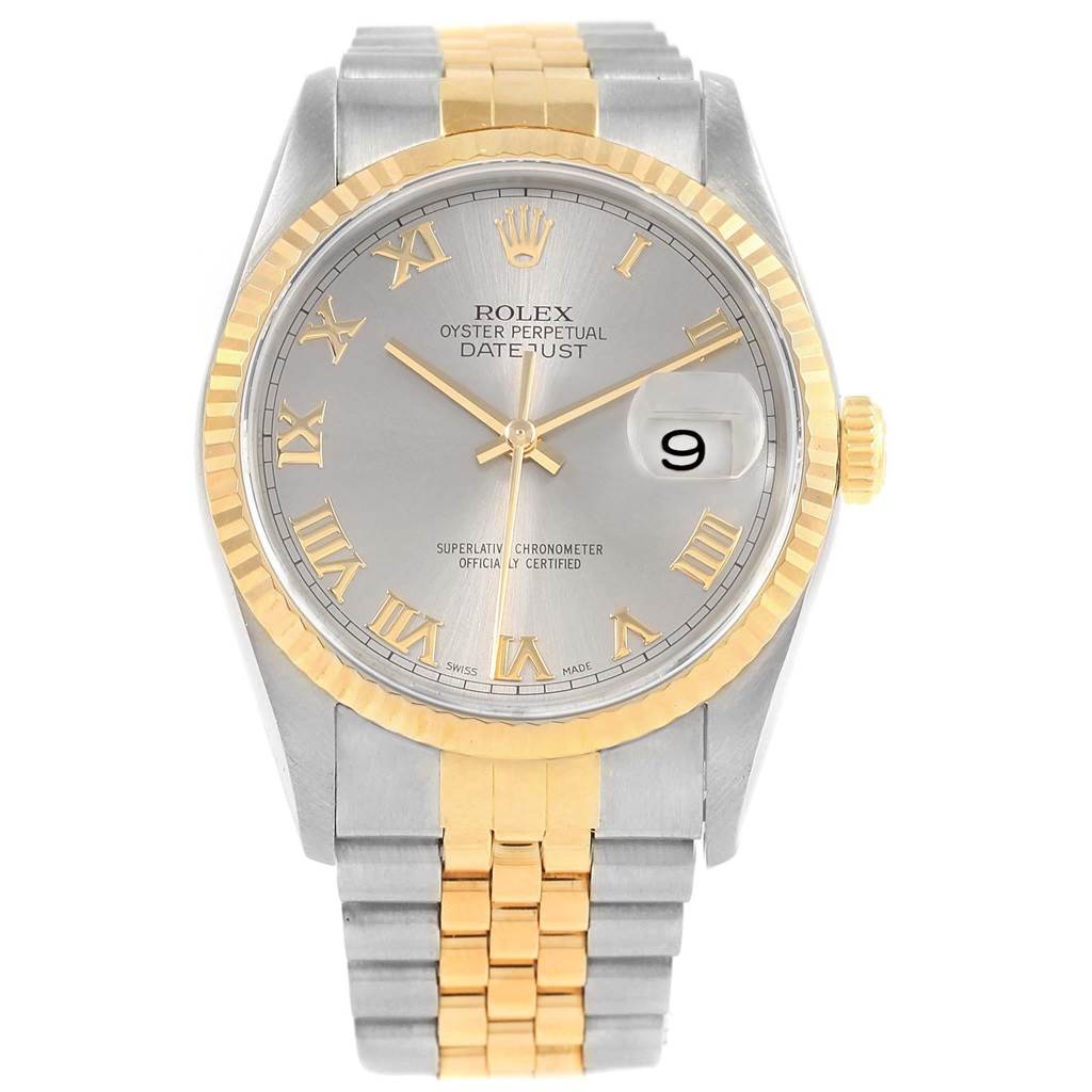 Front view of a Rolex Datejust 16233 Men's Steel and Gold (two tone) Grey Dial 16233 Men's Steel and Gold (two tone) Grey Dial watch showing the dial, hands, date display, and the two-tone bracelet.