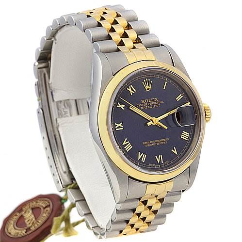 This image shows a Rolex Datejust 16203 Men's Stainless Steel Blue Dial 16203 Men's Stainless Steel Blue Dial watch at a three-quarter angle, displaying the face, bezel, and bracelet.