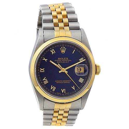 The image shows a front view of the Rolex Datejust 16203 Men's Stainless Steel Blue Dial 16203 Men's Stainless Steel Blue Dial watch, highlighting its face, bezel, crown, and two-tone metal band.