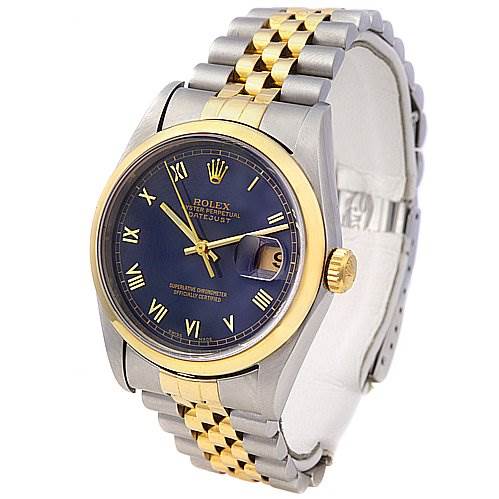 The image shows a Rolex Datejust 16203 Men's Stainless Steel Blue Dial 16203 Men's Stainless Steel Blue Dial watch from a front-left angle, displaying the face, bezel, and two-tone bracelet.