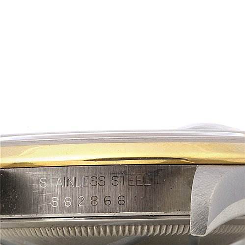 The image shows a close-up side view of a Rolex Datejust 16203 Men's Stainless Steel Blue Dial 16203 Men's Stainless Steel Blue Dial watch case, displaying the stainless steel part and serial number S62866.