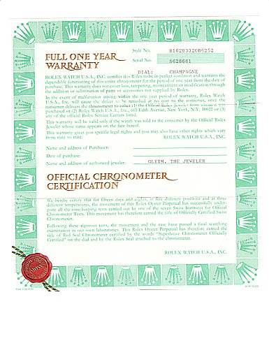 The image shows a warranty certificate for a Rolex Datejust 16203 Men's Stainless Steel Blue Dial 16203 Men's Stainless Steel Blue Dial watch.